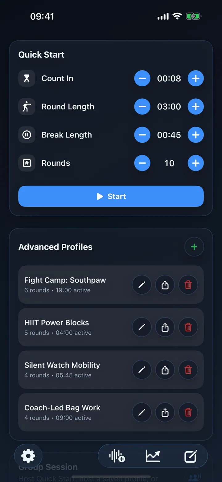 Advanced profile list with profile sharing buttons.