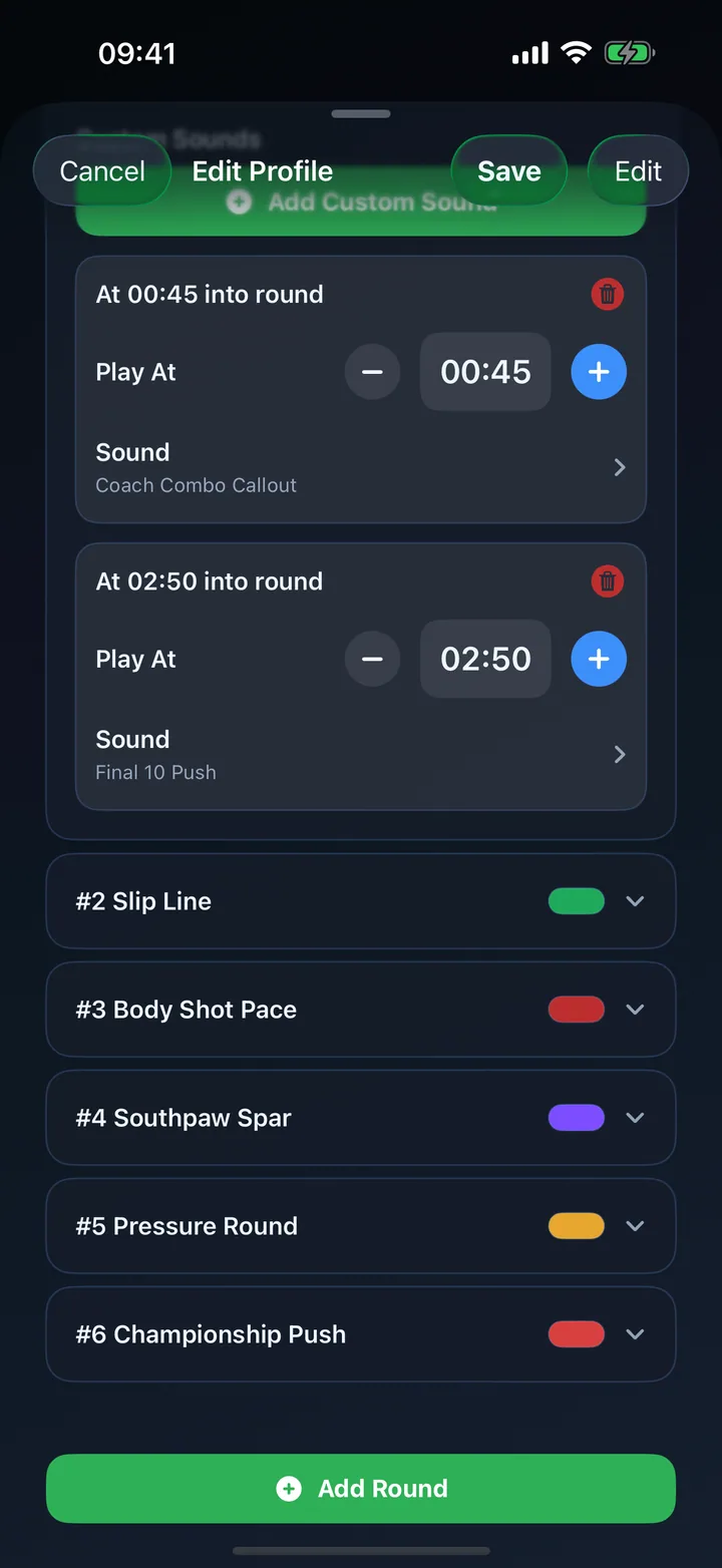 Round editor showing custom sound cues at specific times.