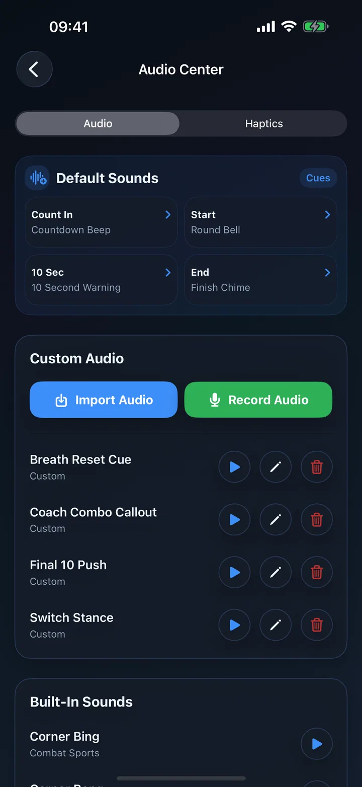 Audio Center showing built-in sounds, custom audio, import and record actions.