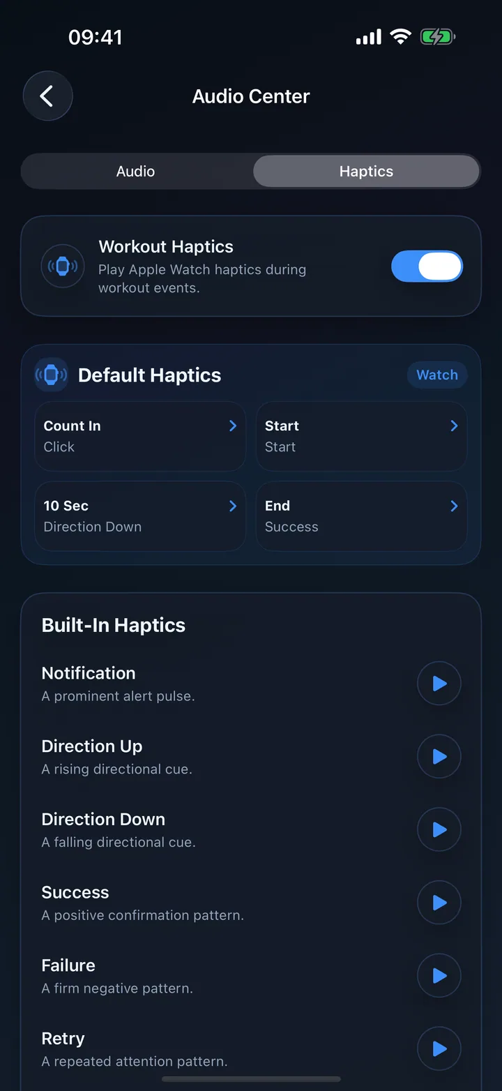 Haptics settings for workout cue patterns.