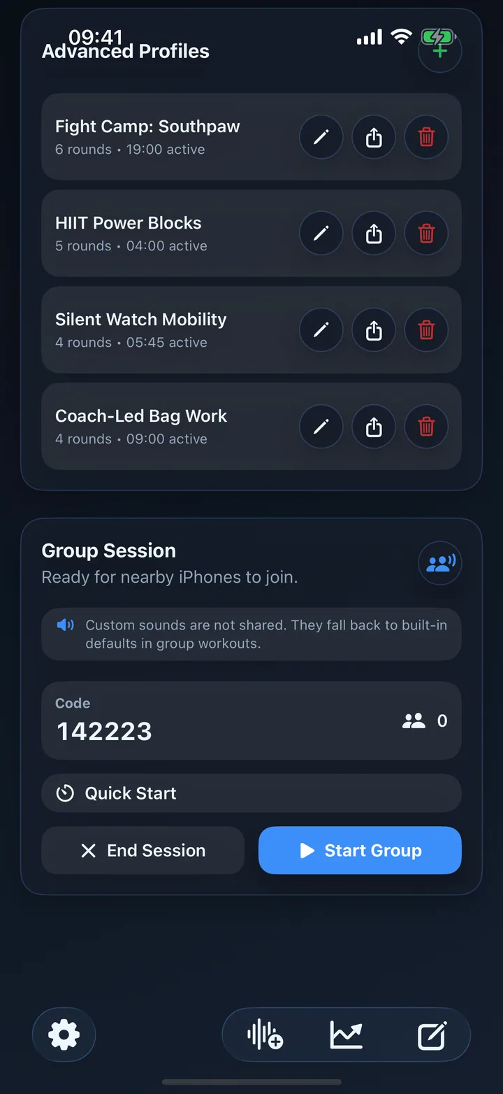 Group session lobby showing a join code and Start Group button.