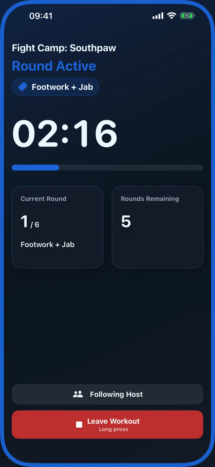 Workout screen for a participant following a host-led group workout.