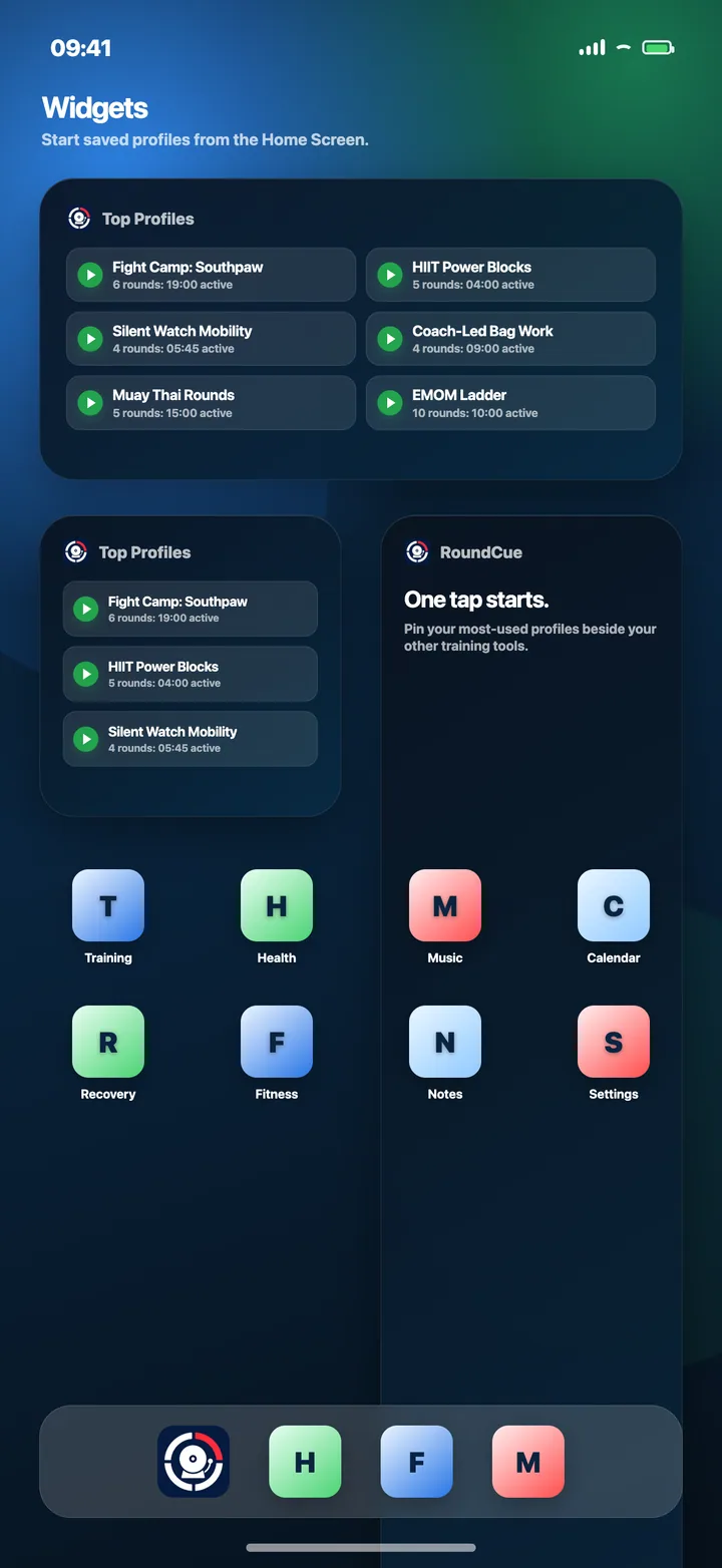 iPhone Home Screen showing RoundCue Top Profiles widgets for starting saved workouts.