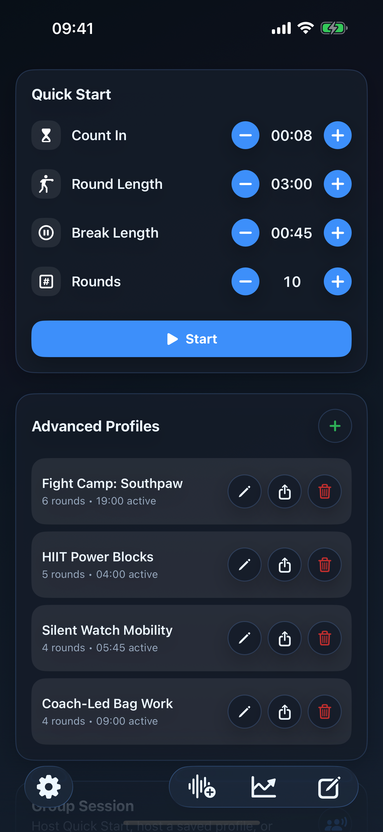 Advanced profile list with profile sharing buttons.