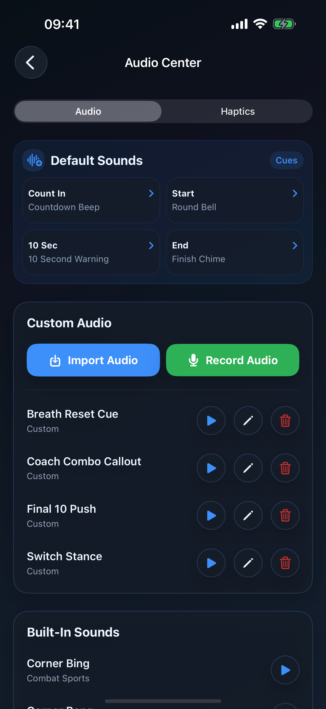 Audio Center showing built-in sounds, custom audio, import and record actions.