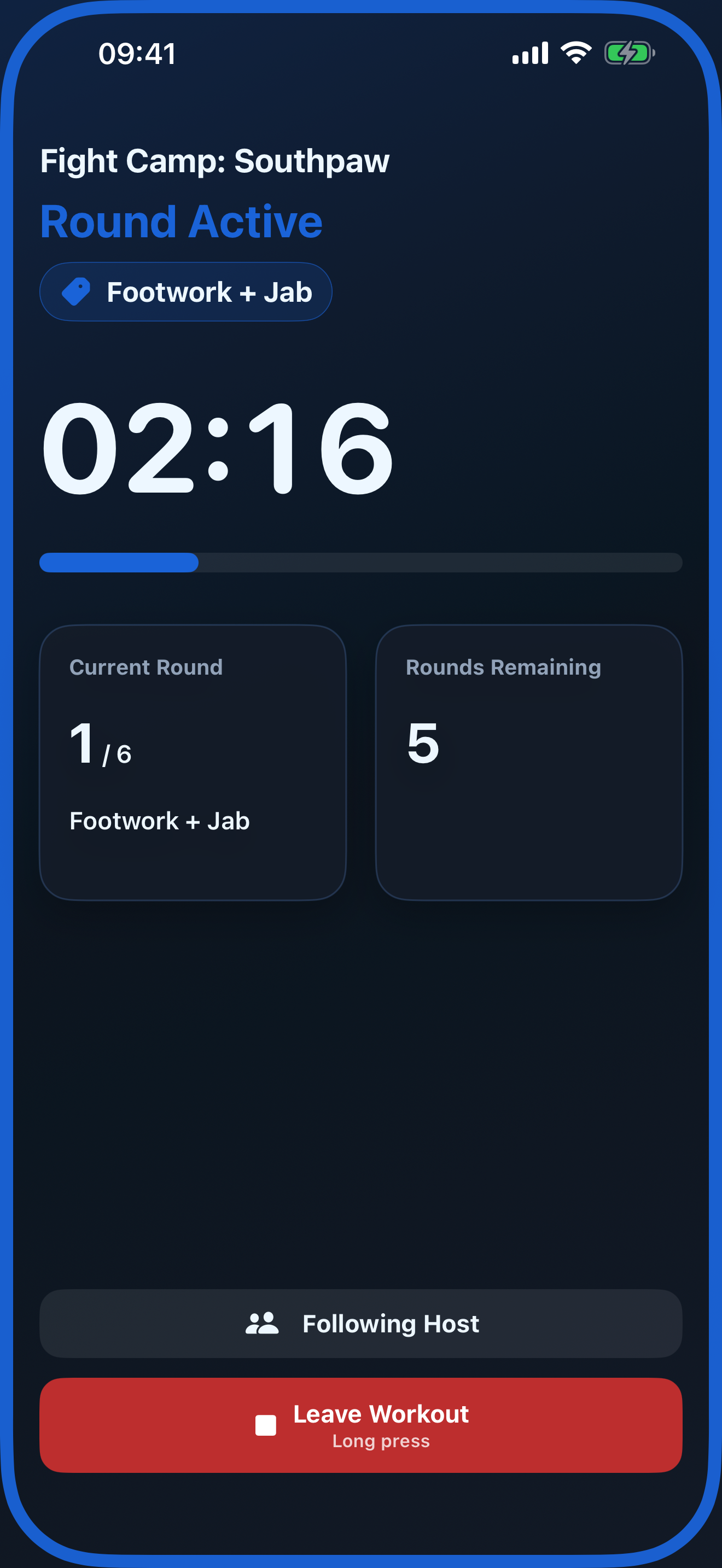 Workout screen for a participant following a host-led group workout.